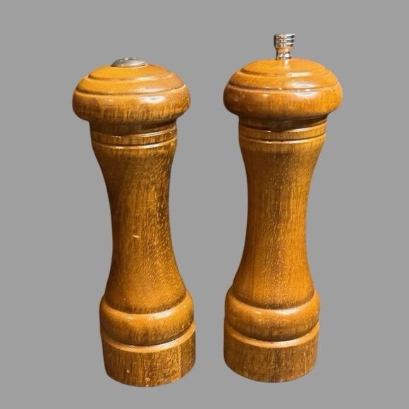 Olde Thompson 8” Wooden Salt & Pepper Shaker Grinder Steel Vintage MCM BOHO - Picture 1 of 8